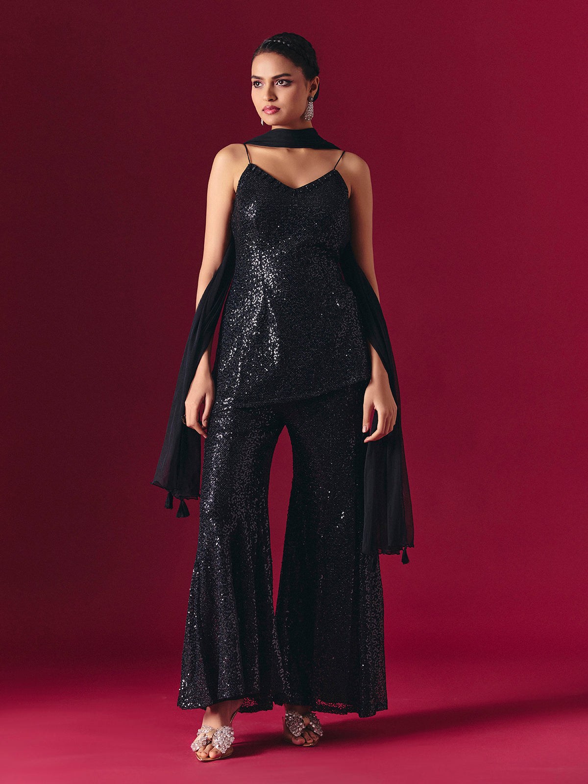 Black net embellished designer palazzo salwar suit