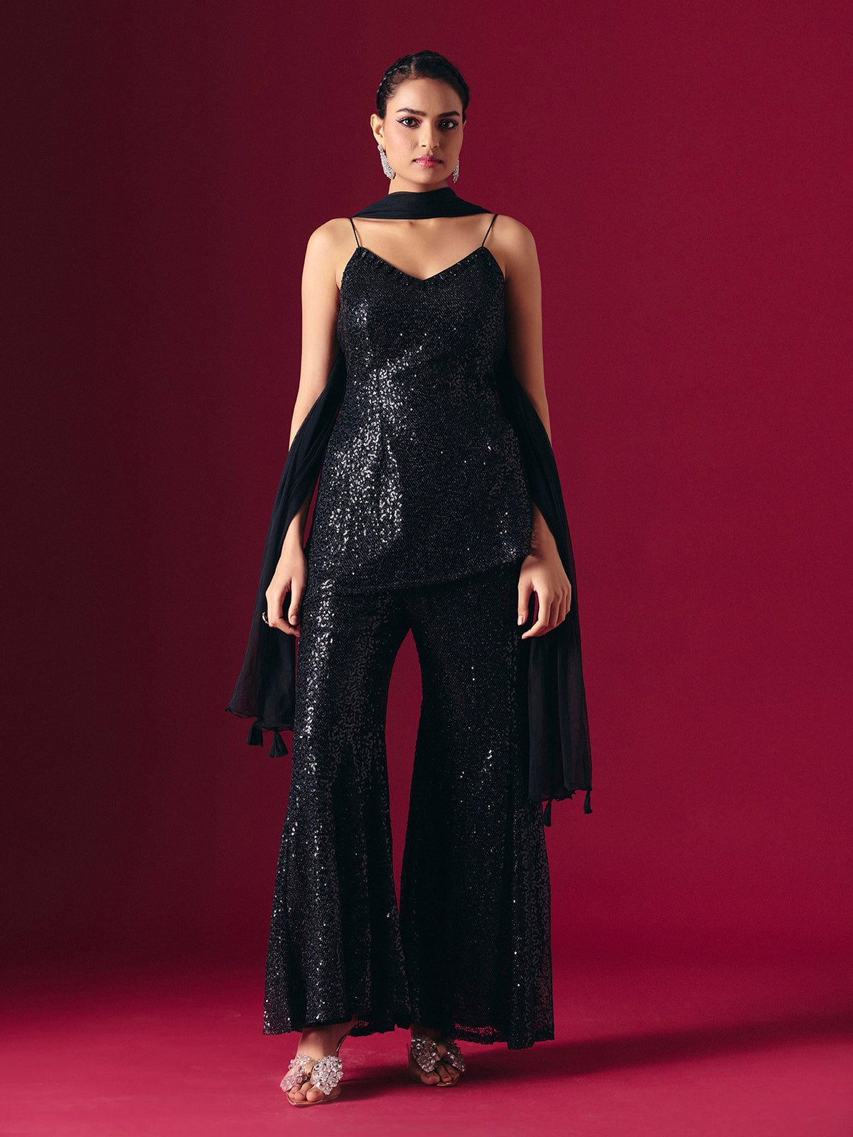 Black net embellished designer palazzo salwar suit