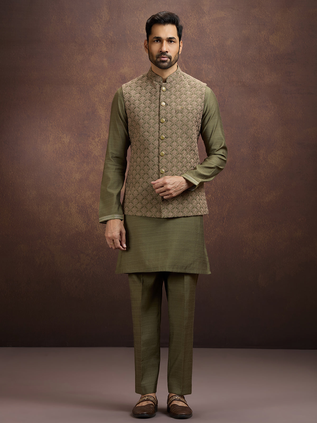 Olive royal embroidered silk waistcoat set