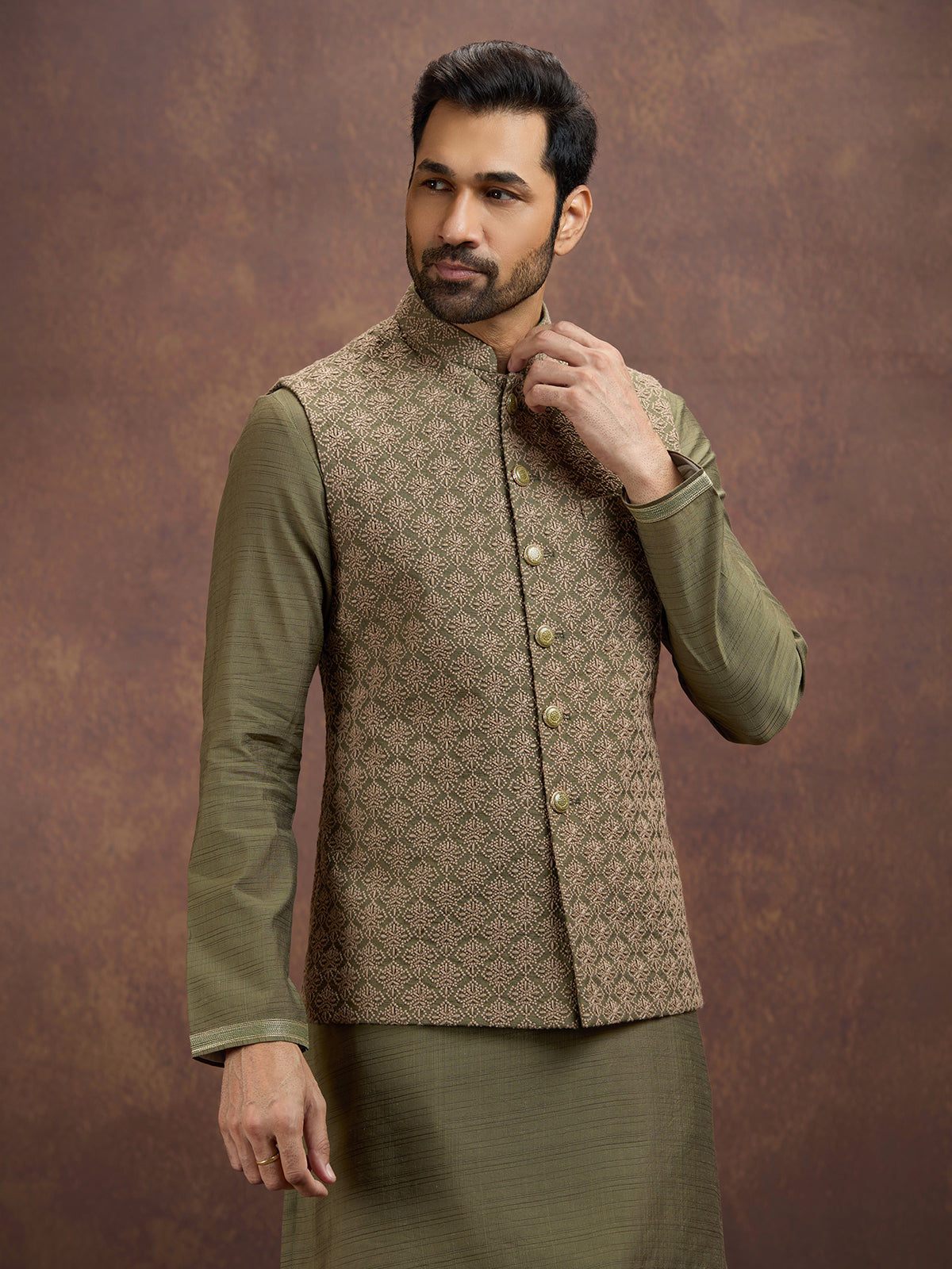 Olive royal embroidered silk waistcoat set