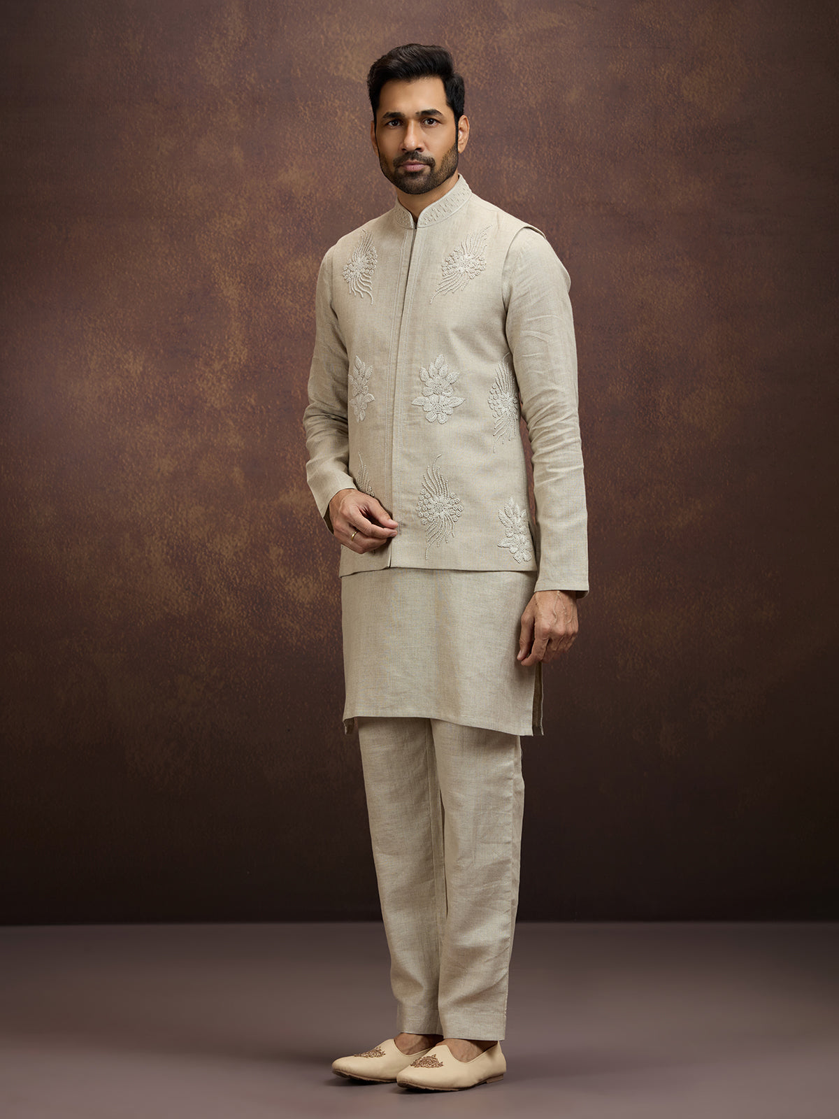 Cream elegant floral linen waistcoat set