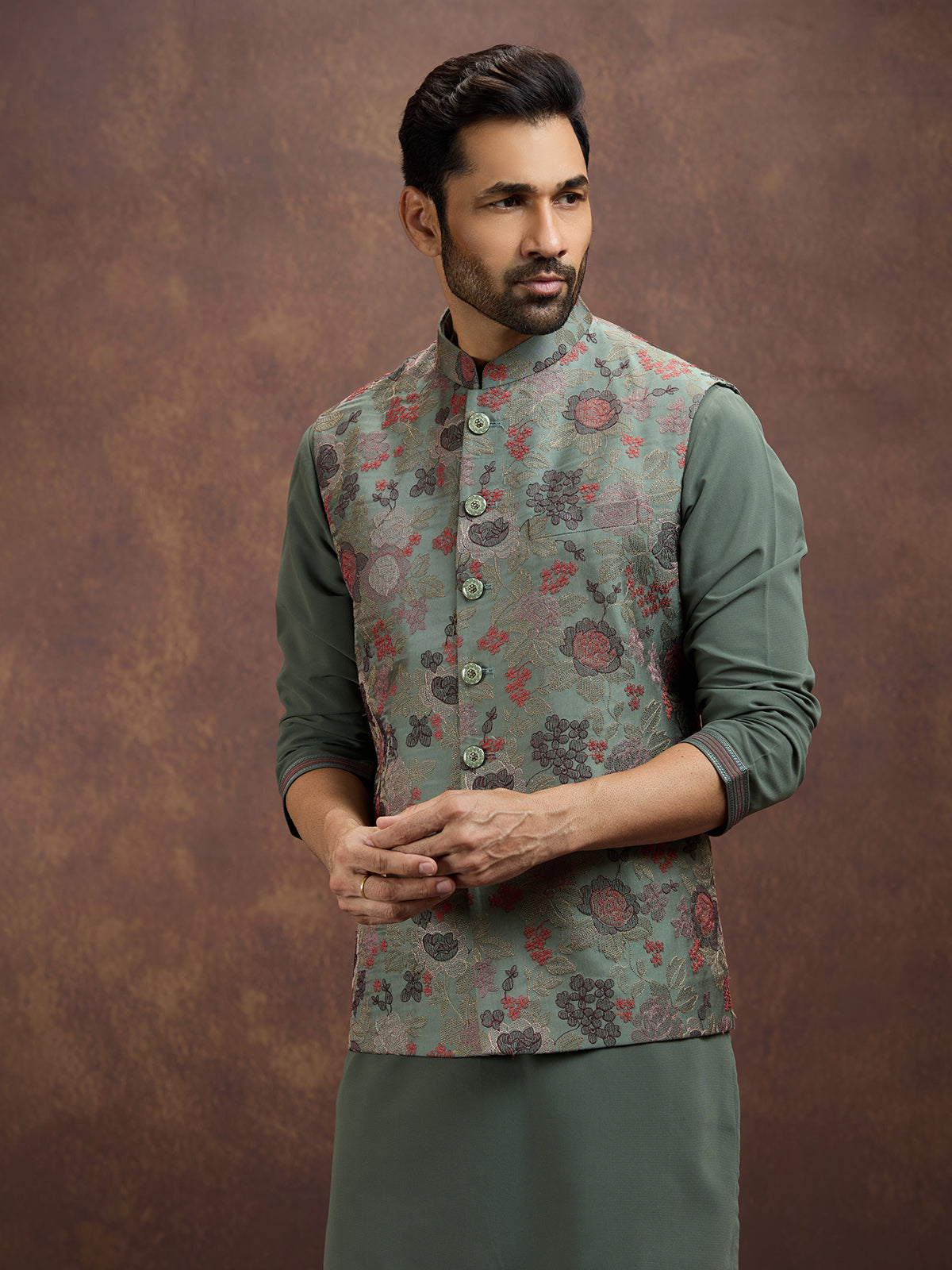 Sage green heritage silk waistcoat set