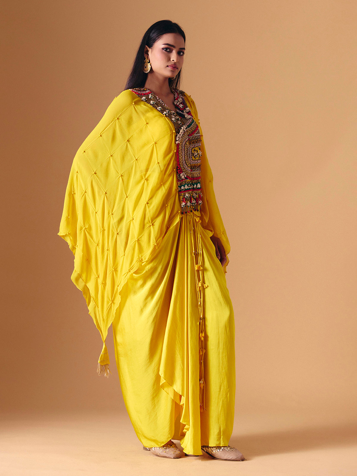 Yellow designer Indo western crepe georgette salwar suit for women