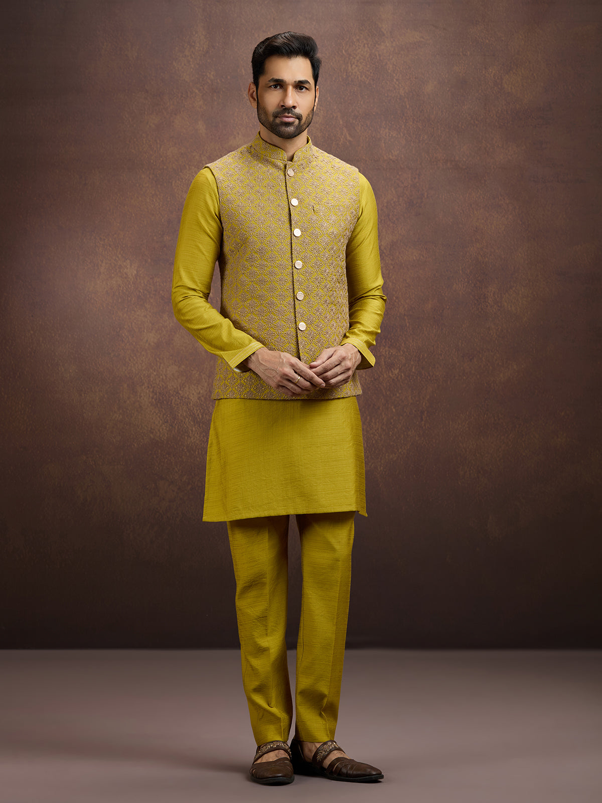 Mustard yellow festive silk waistcoat set