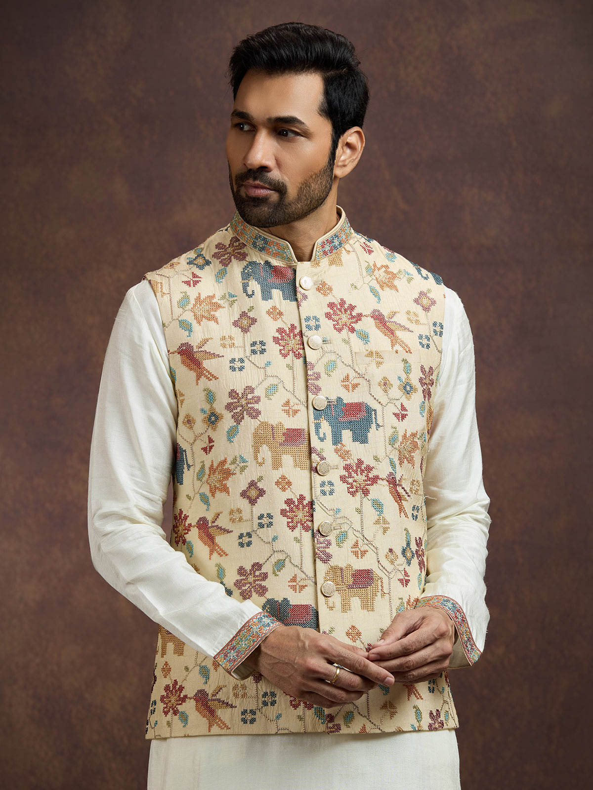 Off white heritage silk waistcoat set