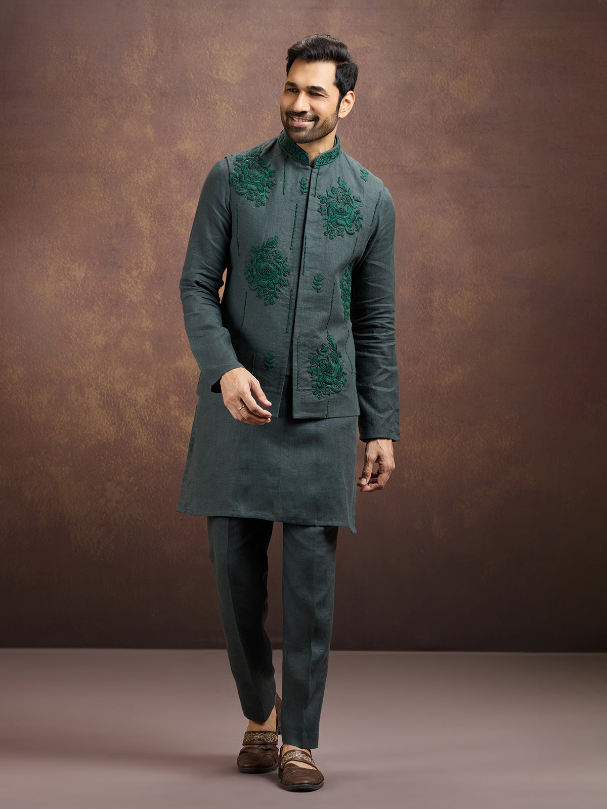 Green premium embroidered linen waistcoat set