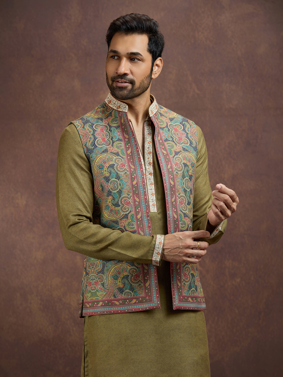 Olive regal pashmina silk waistcoat set