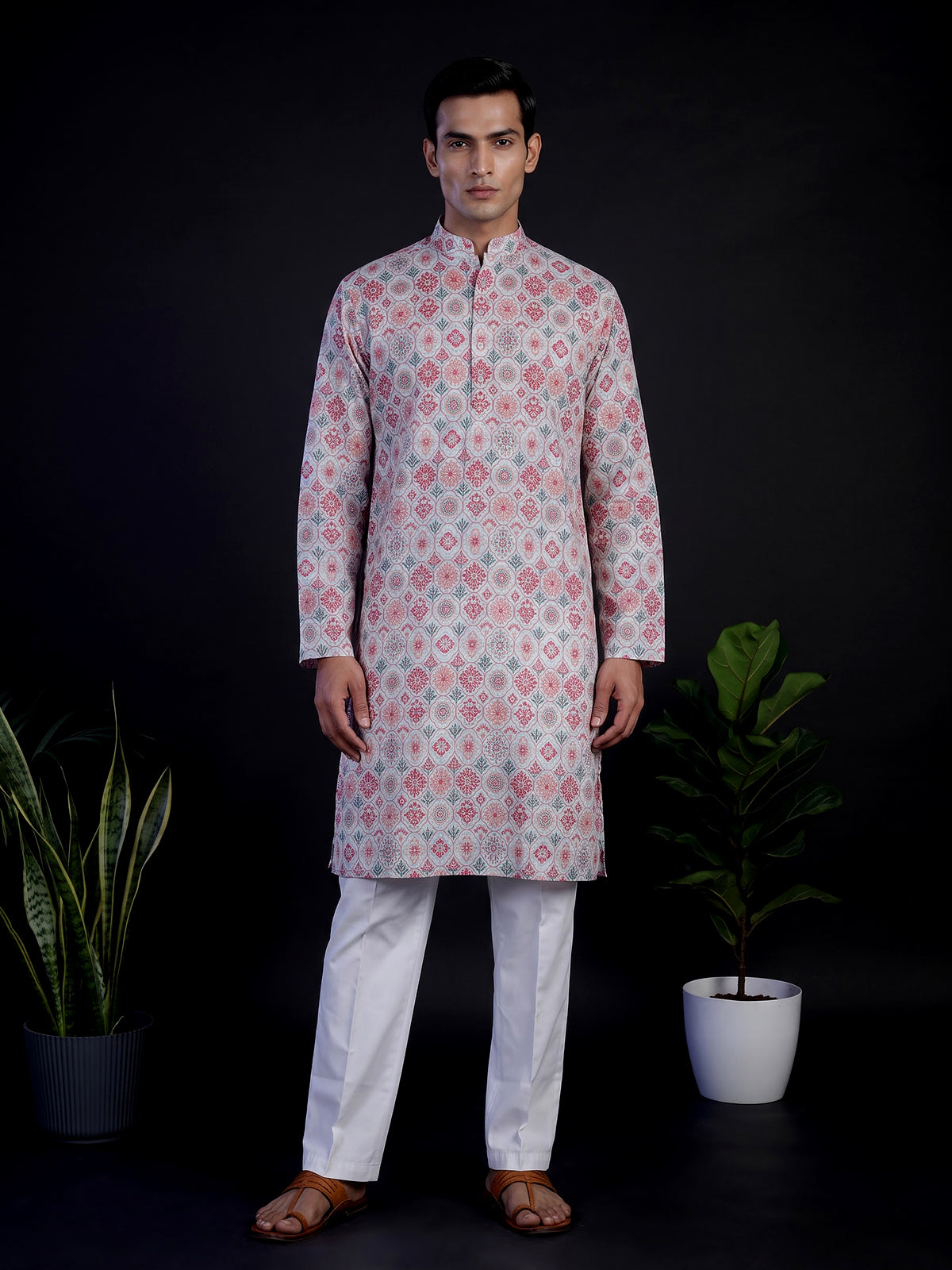 Pink floral printed cotton blend festive kurta suit for men