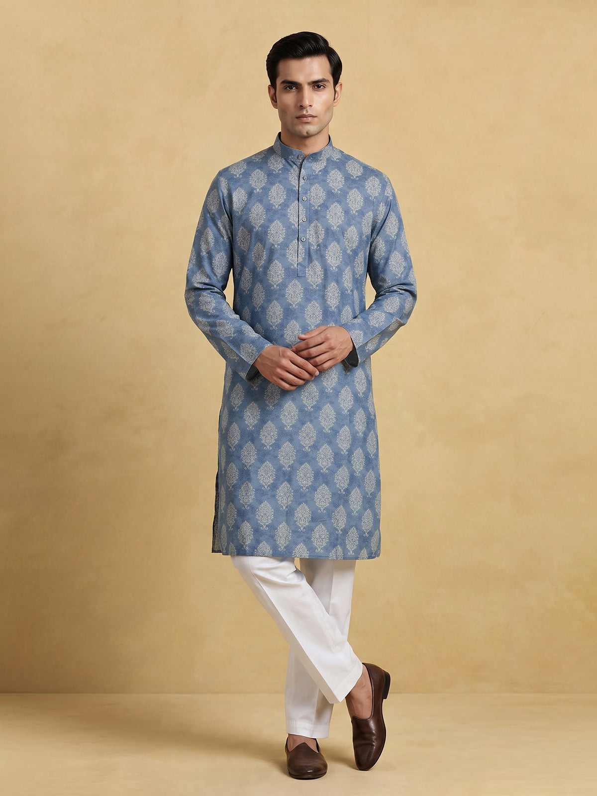 Blue printed cotton blend festive mandarin kurta suit for men