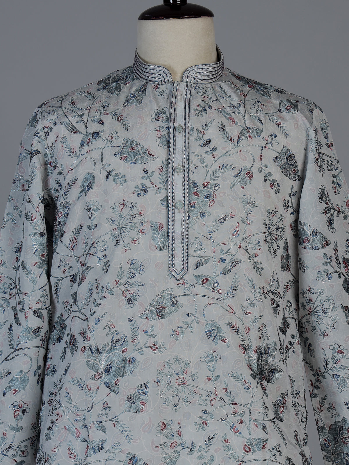 Mint blue floral cotton blend festive kurta suit for men