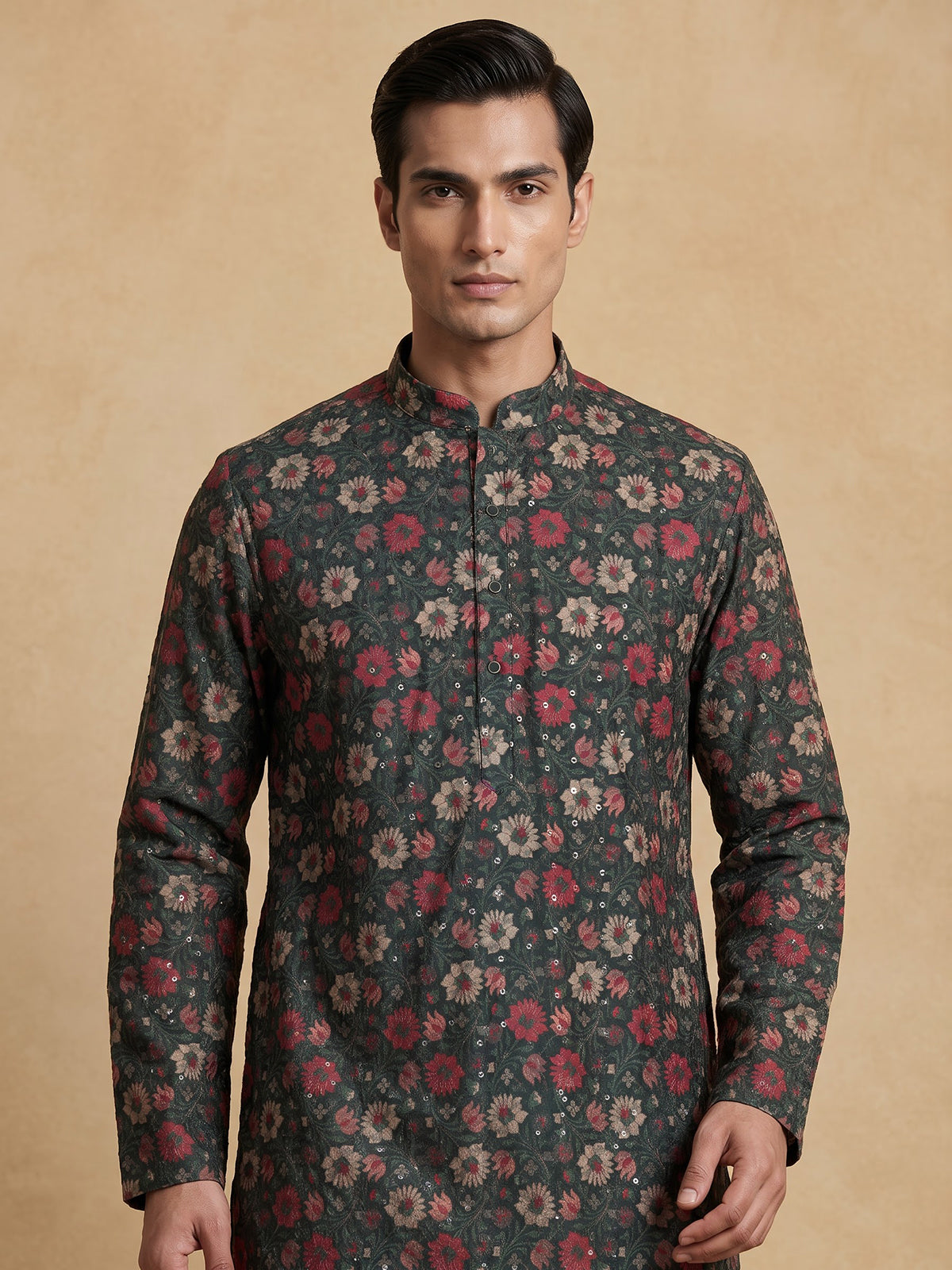 Bottle green cotton silk floral kurta suit for men with sequin detailing
