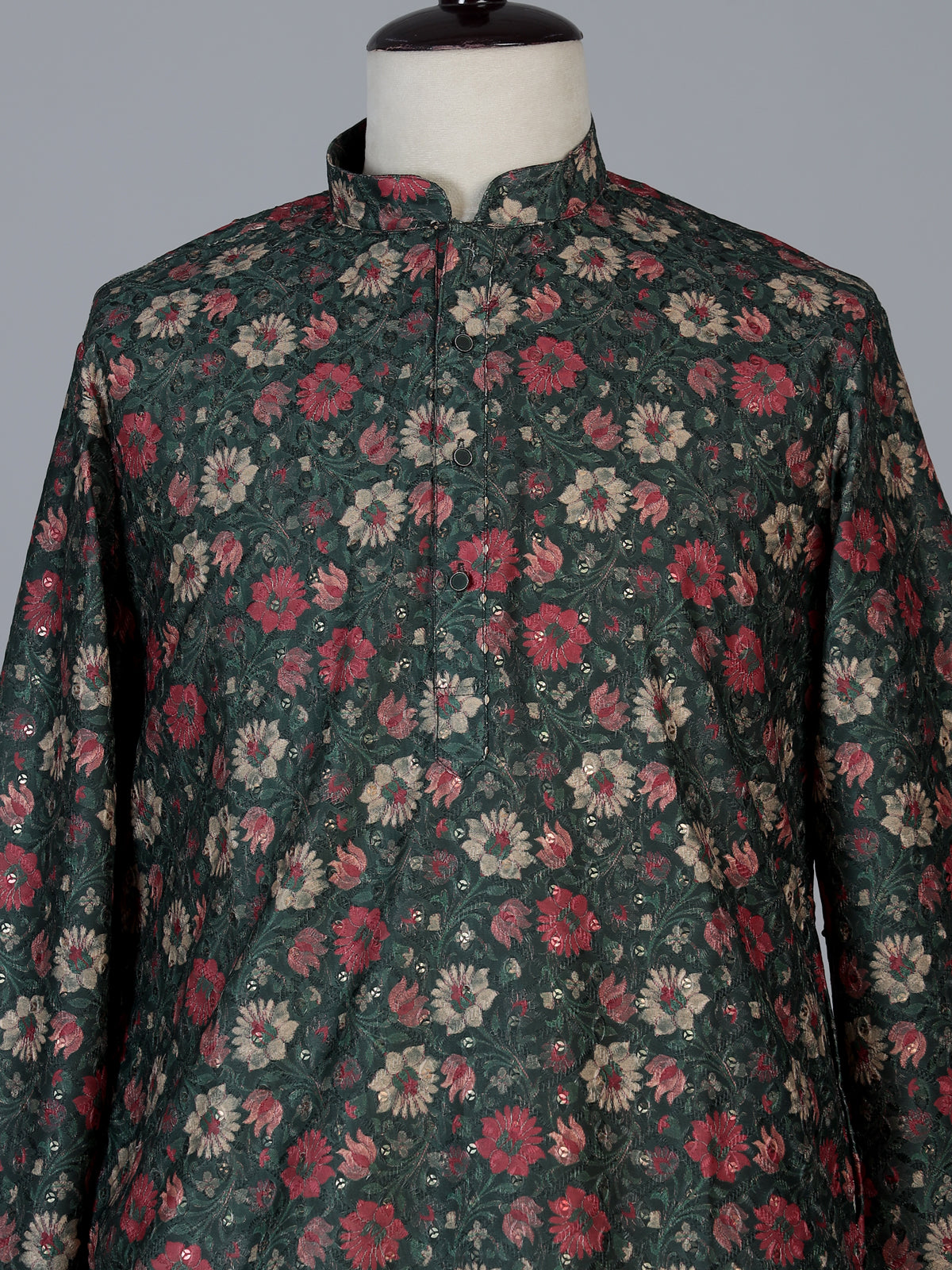 Bottle green cotton silk floral kurta suit for men with sequin detailing