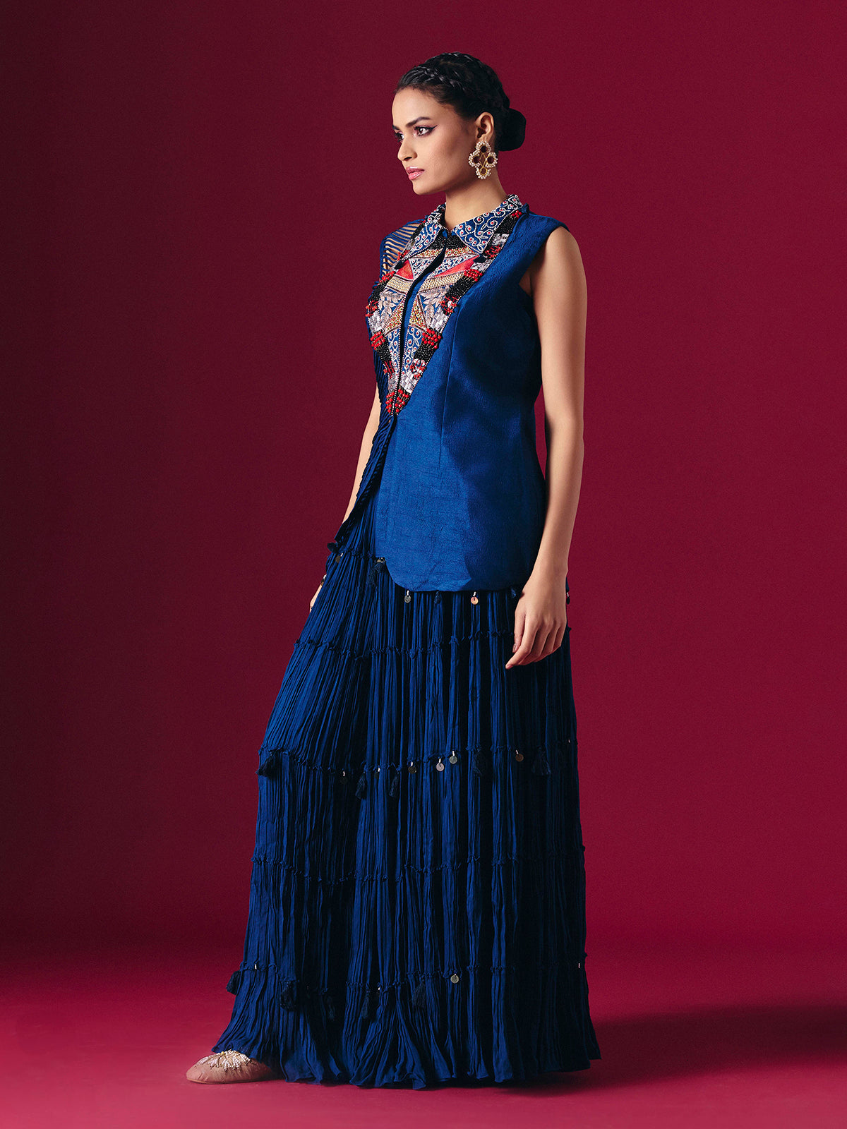 Blue raw silk indo western palazzo suit