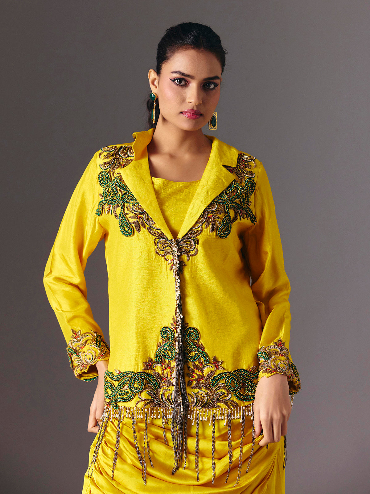 Yellow silk indo western festive wear salwar suit for women