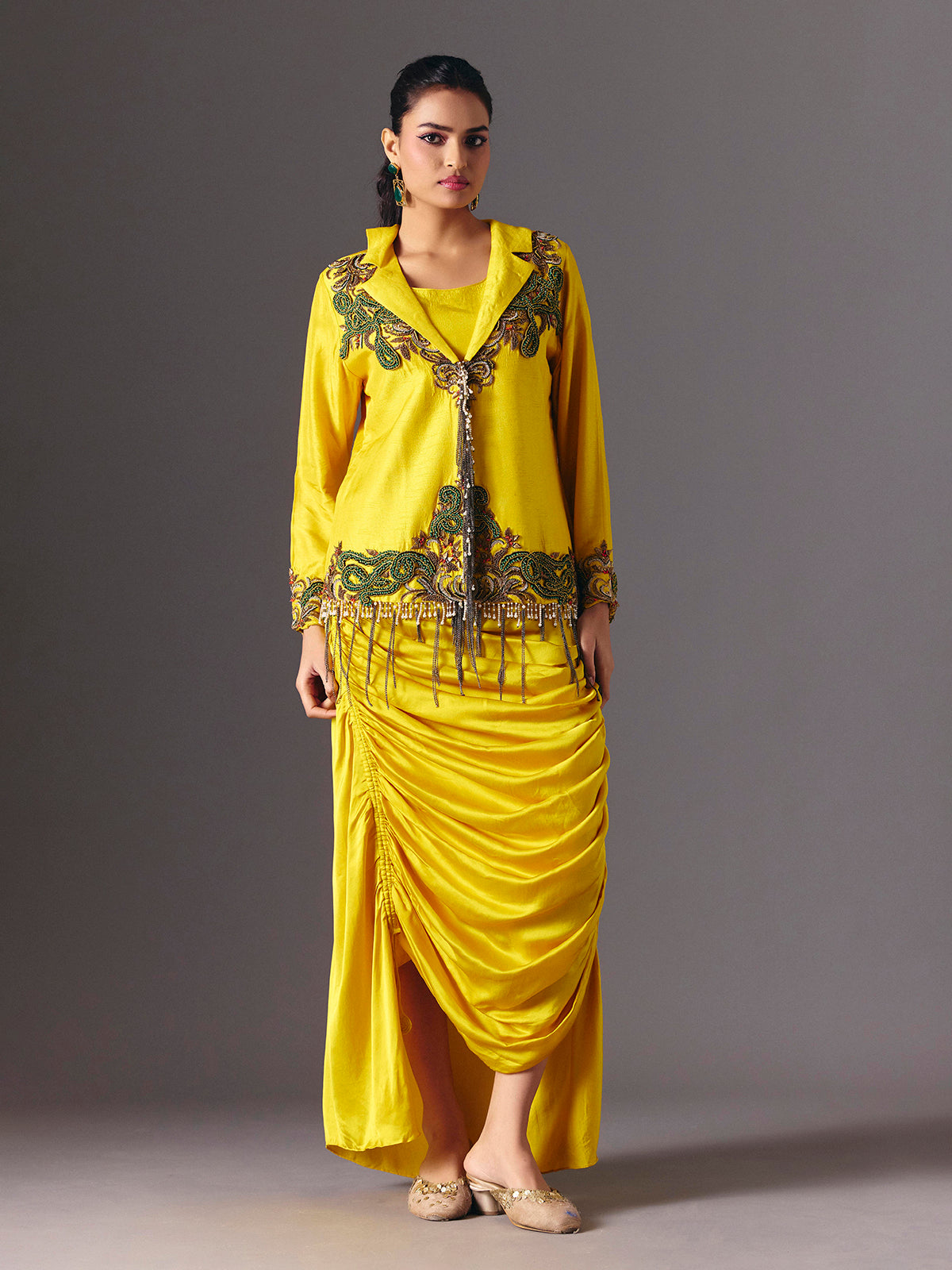 Yellow silk indo western festive wear salwar suit for women