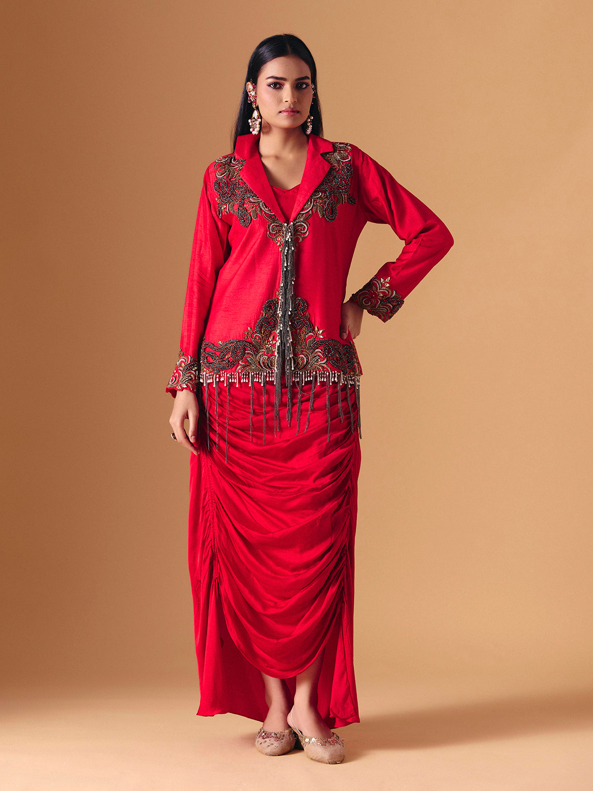 Red silk indo western wedding wear salwar suit for women