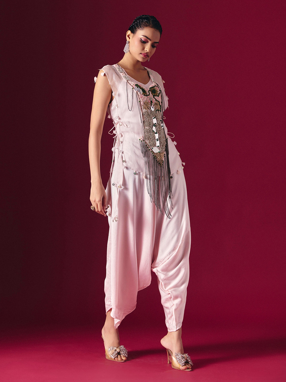 Light pink tissue silk indo western dhoti suit