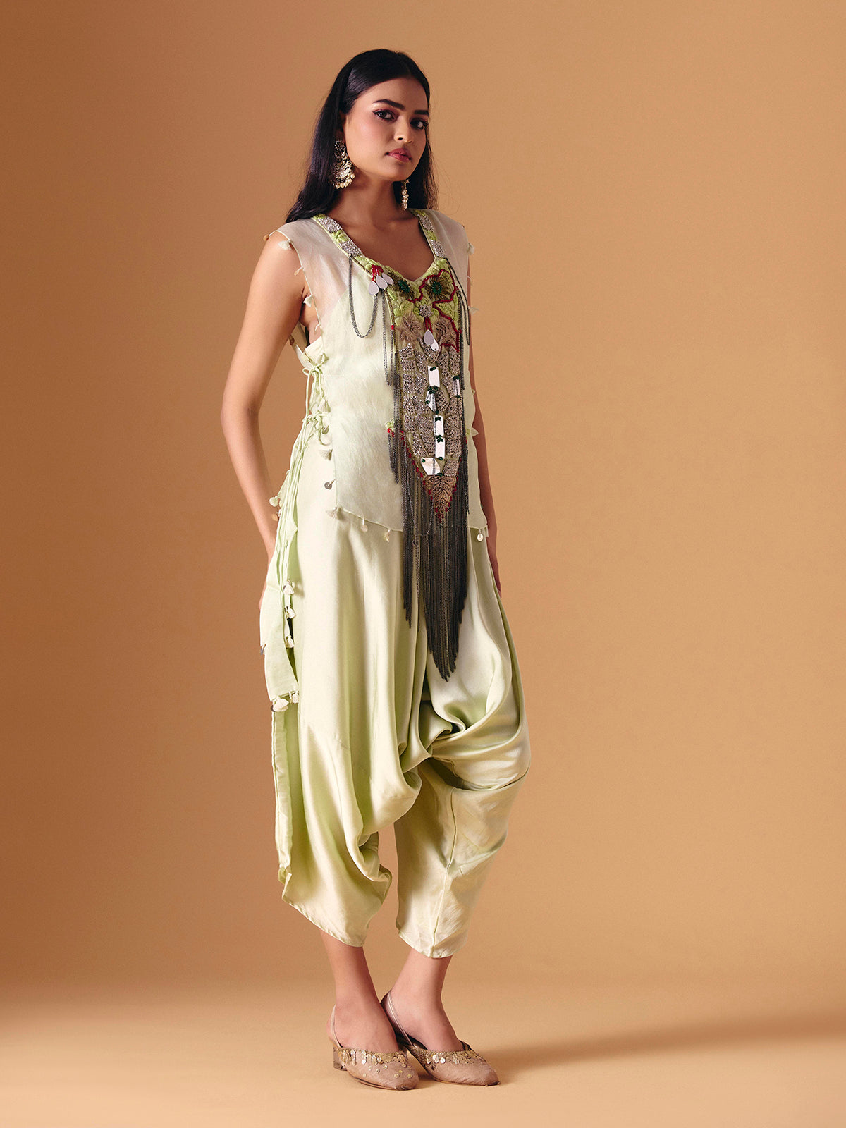 Pista green tissue silk indo western dhoti suit