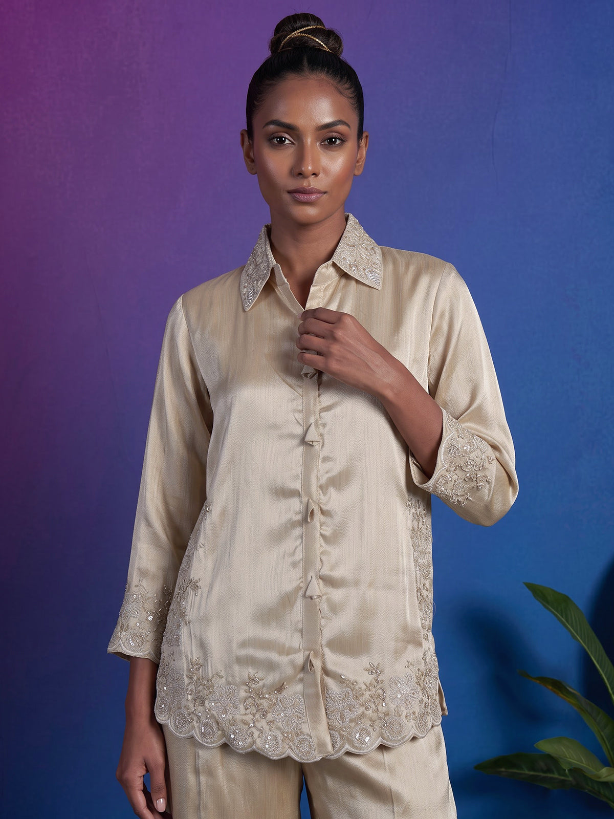 Beige luxury embroidered silk co-ord set