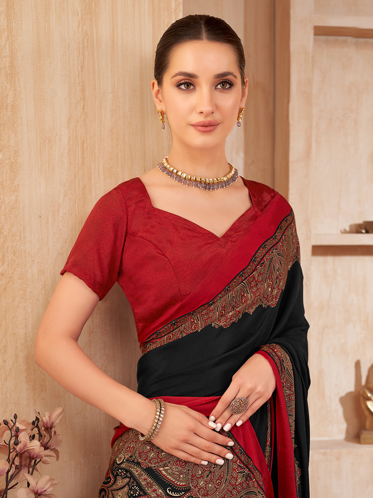 Black printed contrast border crepe silk casual saree