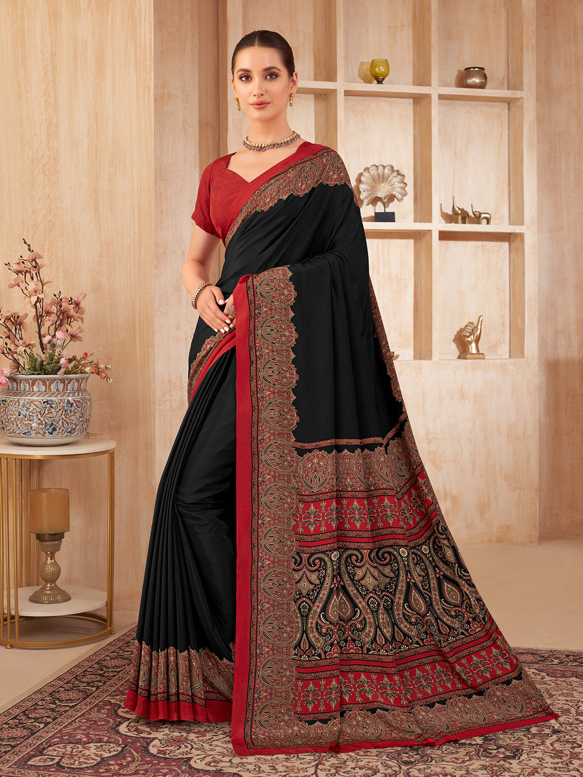 Black printed contrast border crepe silk casual saree