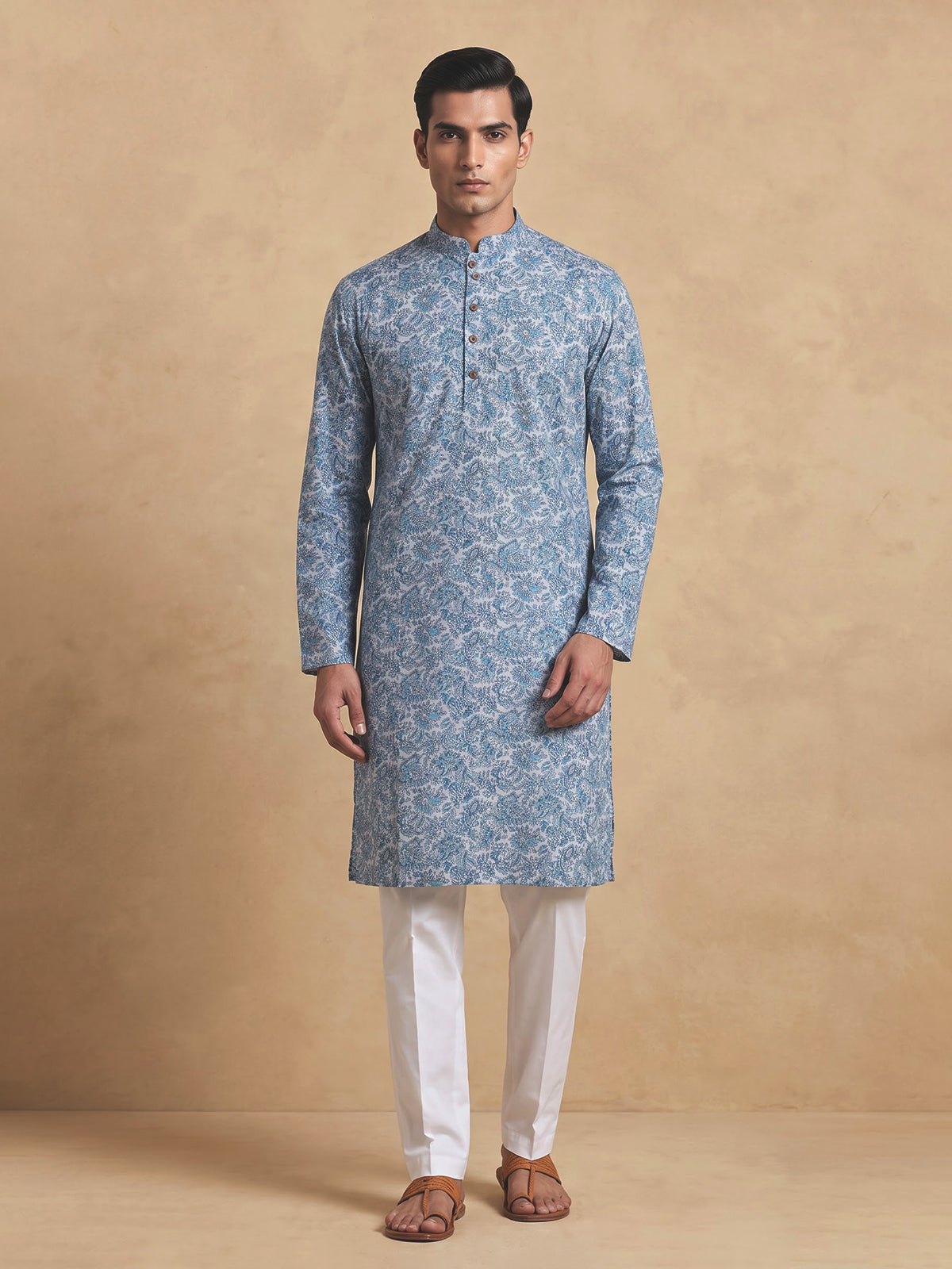 Blue floral linen silk festive kurta suit for men with pants