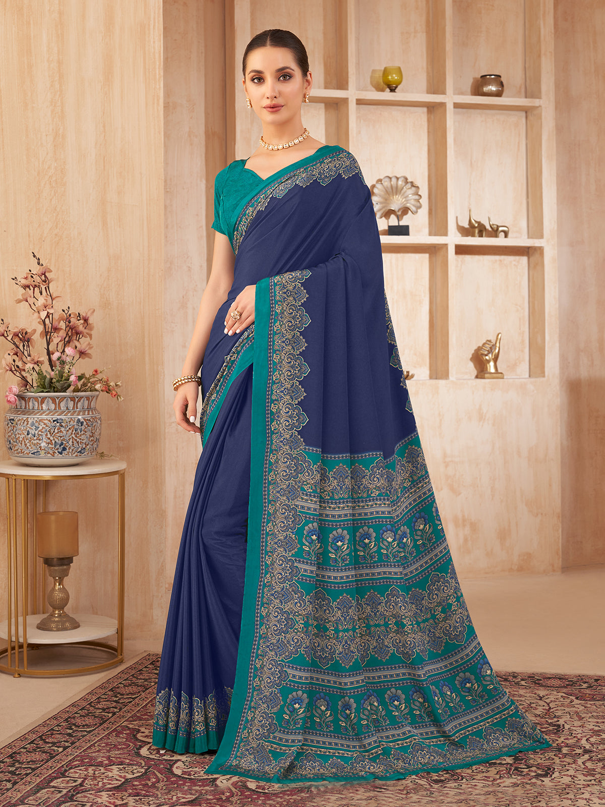 Navy printed contrast border crepe silk casual saree