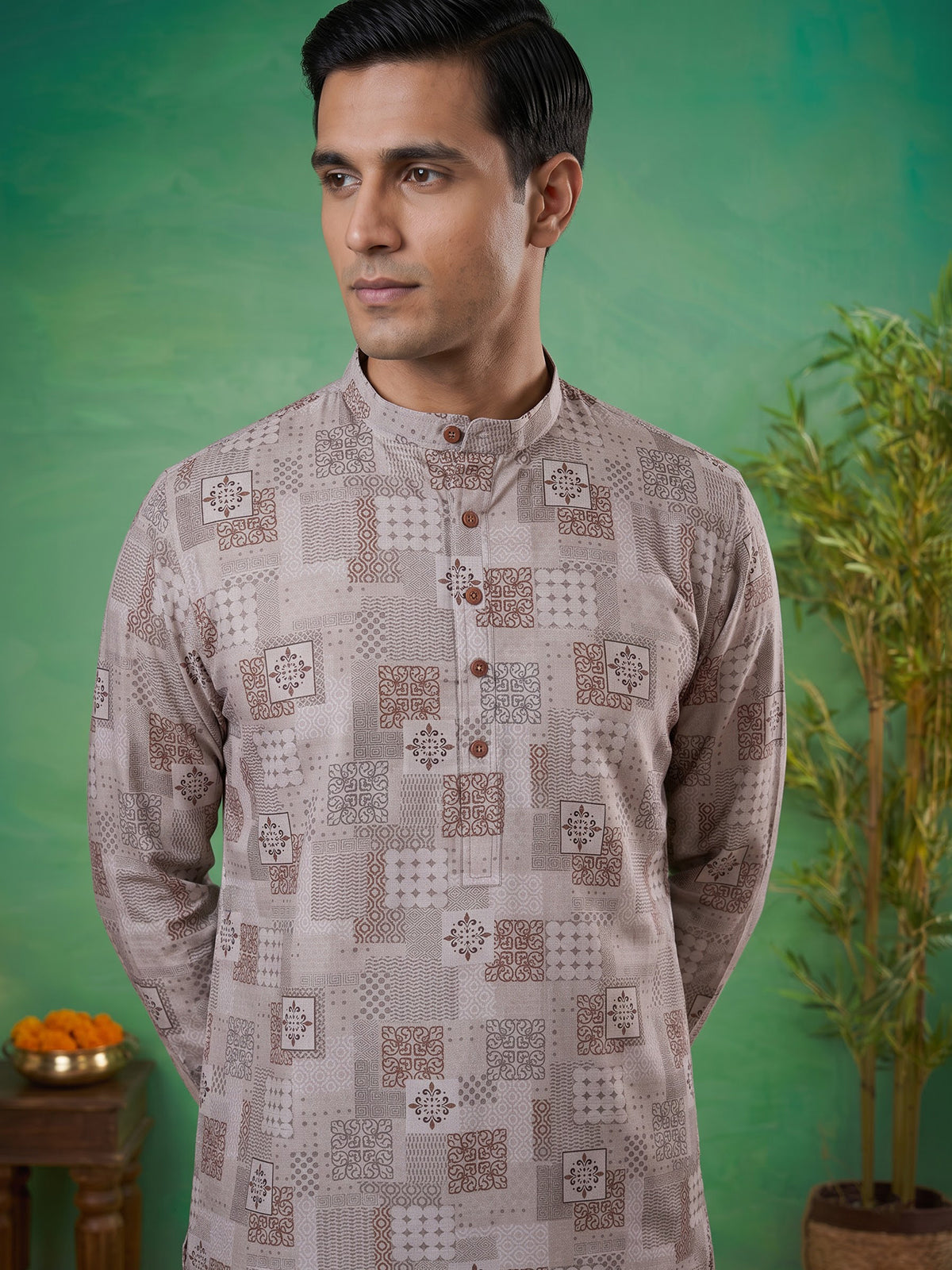 Beige printed cotton silk traditional festive kurta suit for men