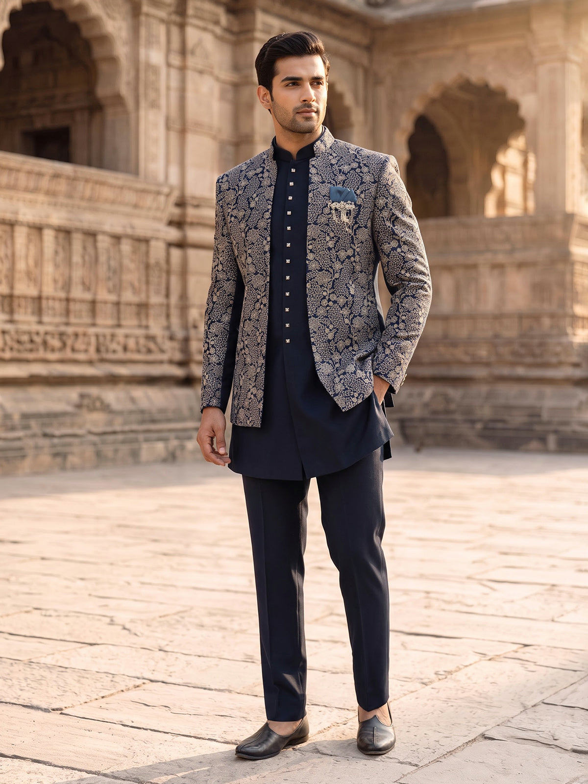 Peacock blue premium mens jacquard indo western