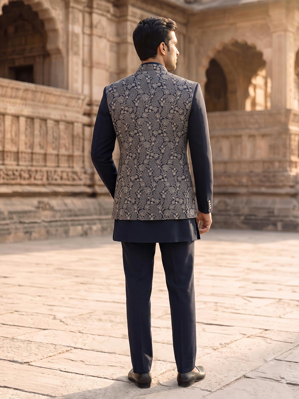 Peacock blue premium mens jacquard indo western