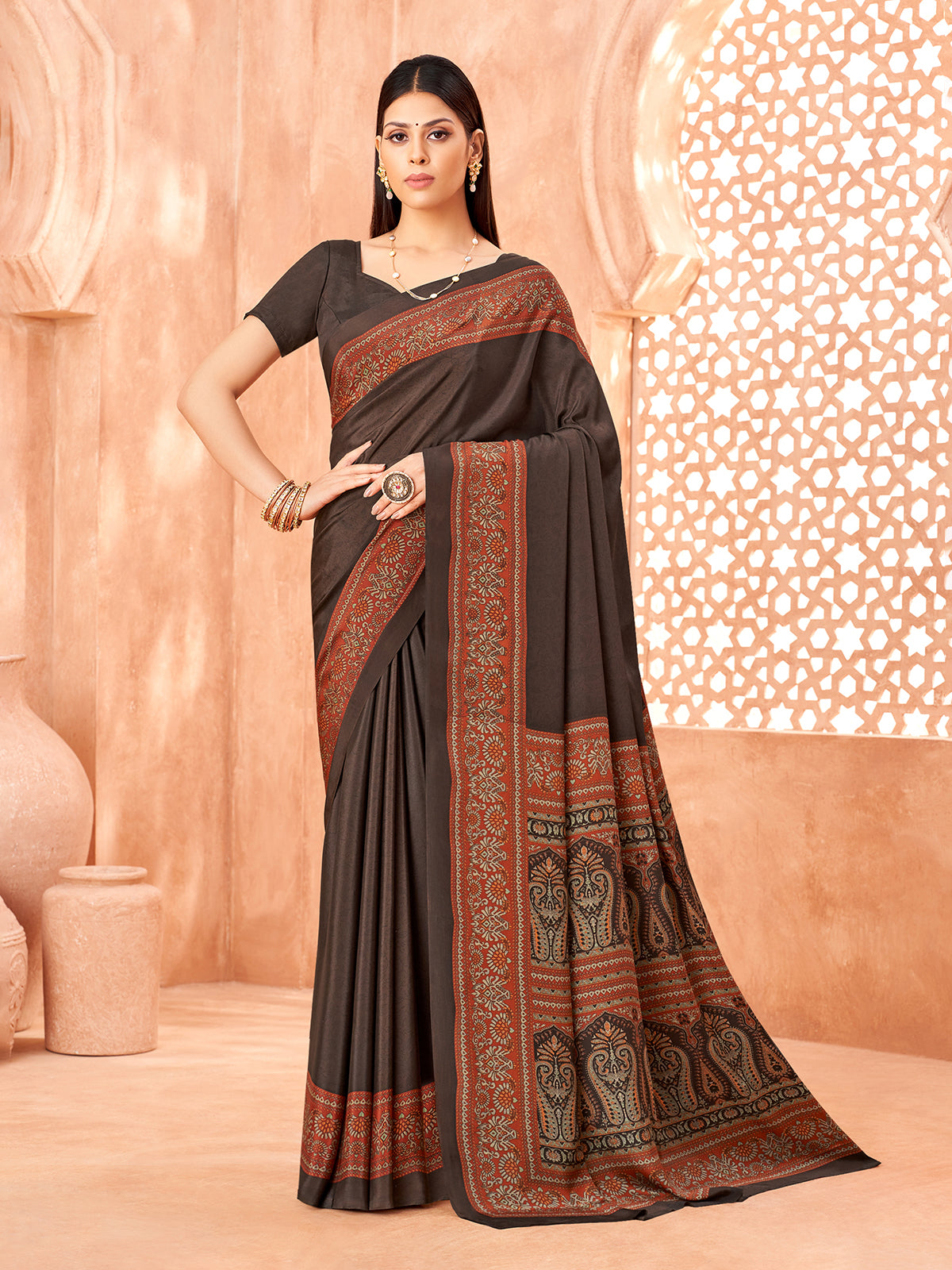 Charcoal grey contrast border crepe silk saree in printed