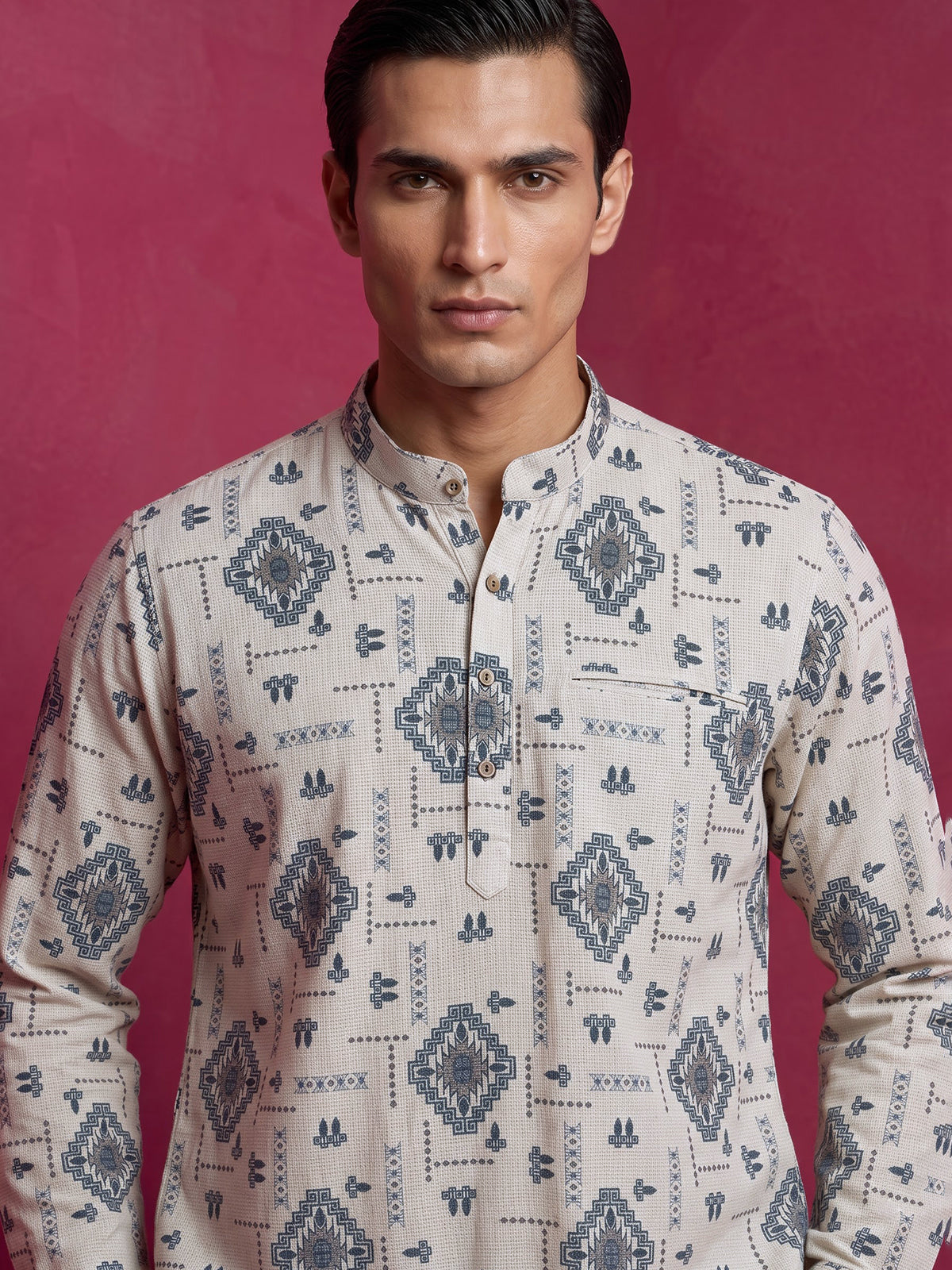 Beige and blue printed cotton linen shirt style festive kurta for men