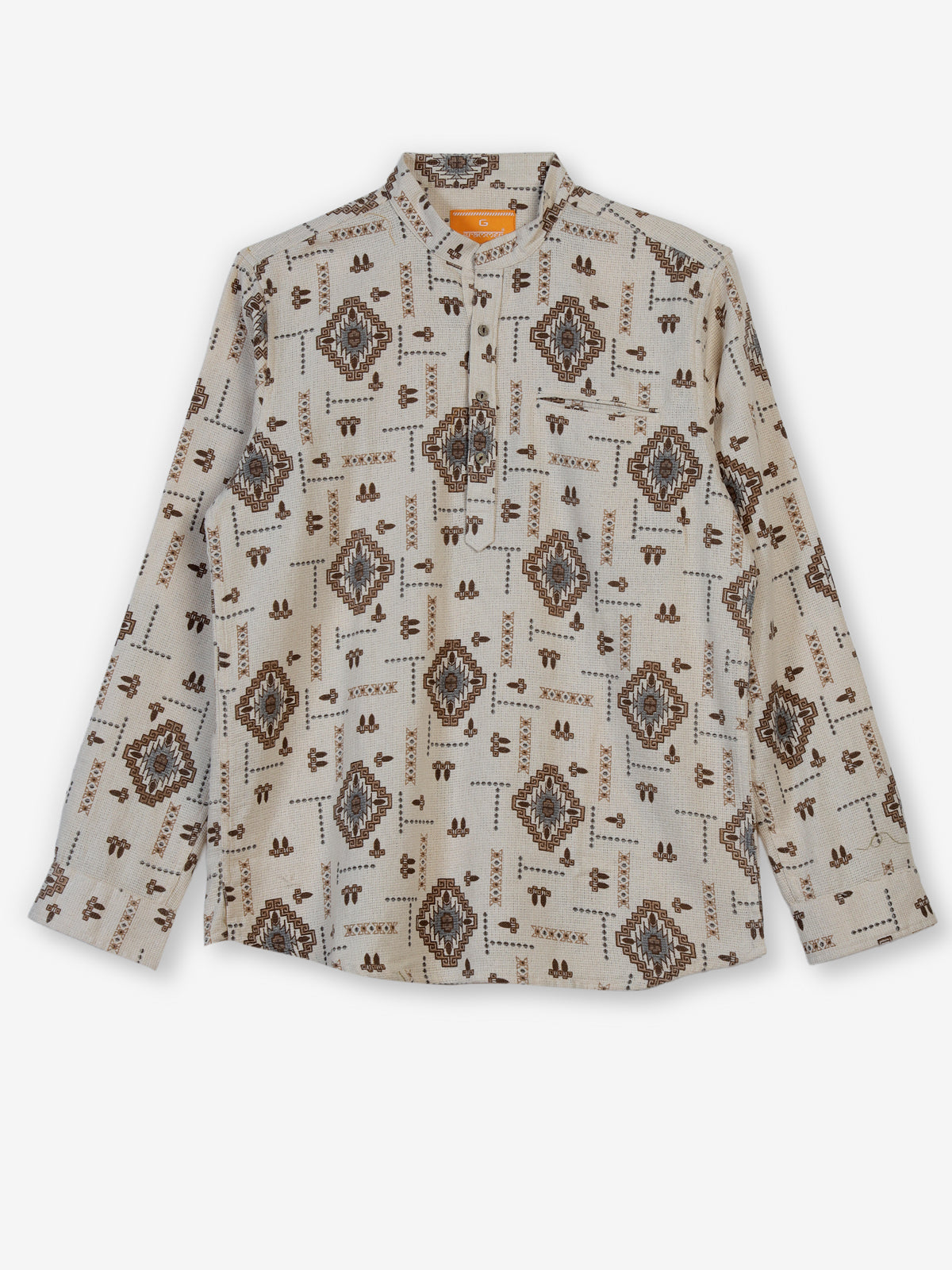 Beige and brown printed cotton linen shirt style festive kurta for men