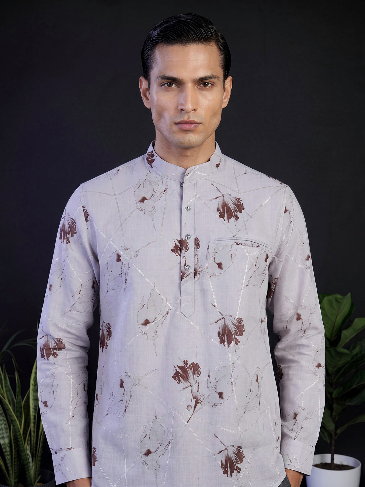 White cotton linen brown floral printed festive shirt style kurta for men