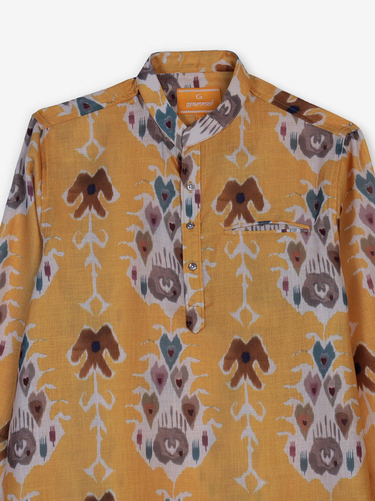Orange printed cotton silk festive shirt style kurta for men