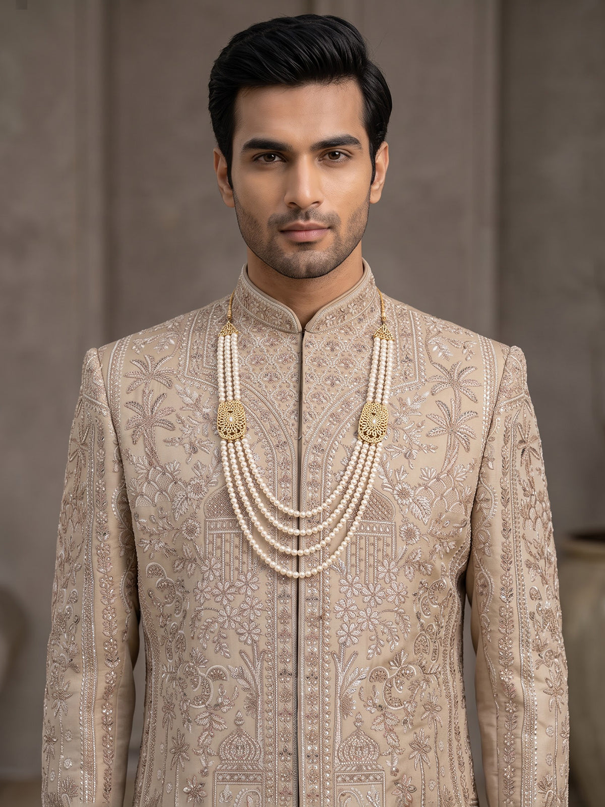 Beige royal embroidered mens wedding sherwani