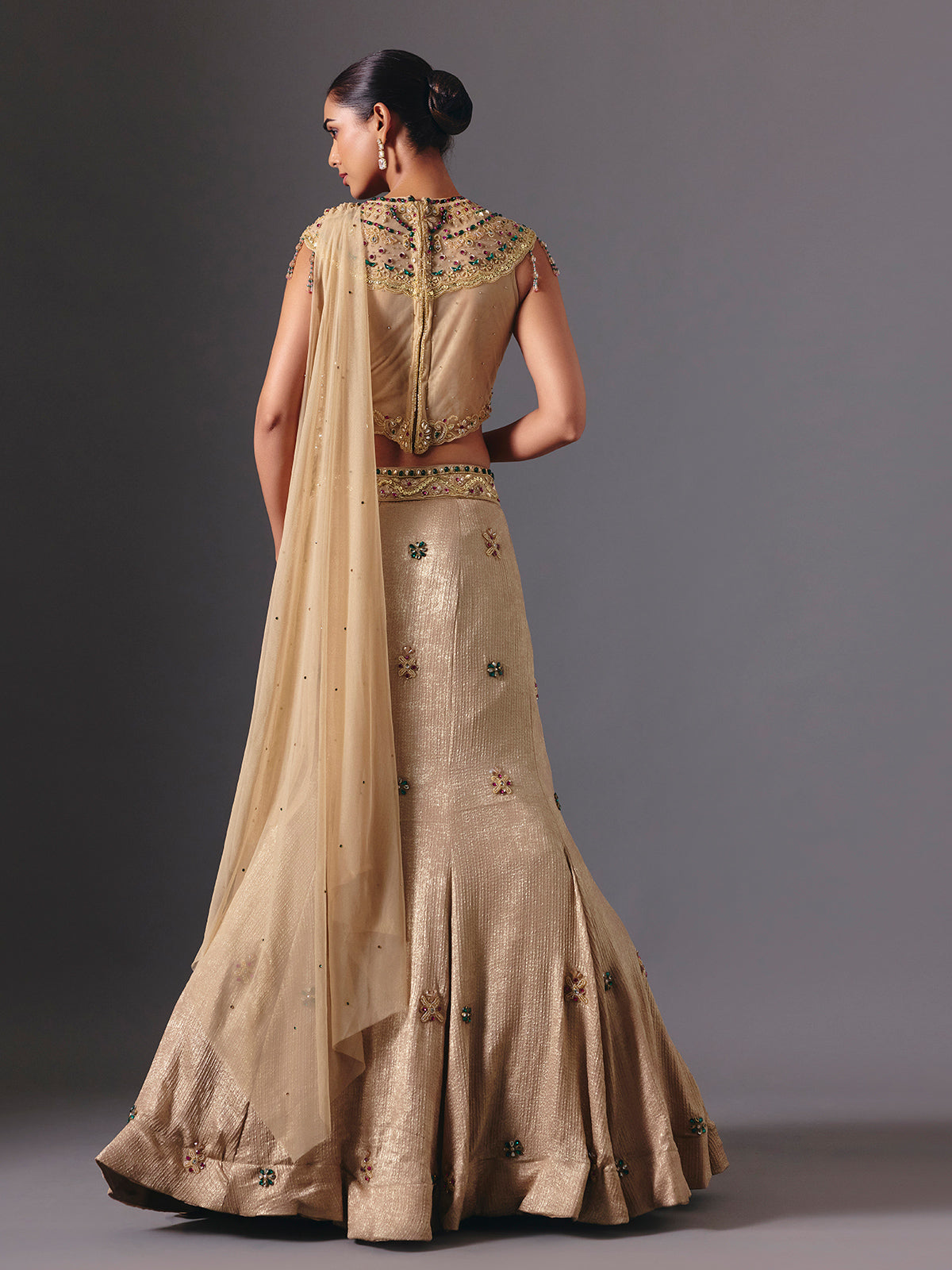Beige designer silk lehenga choli with attached dupatta
