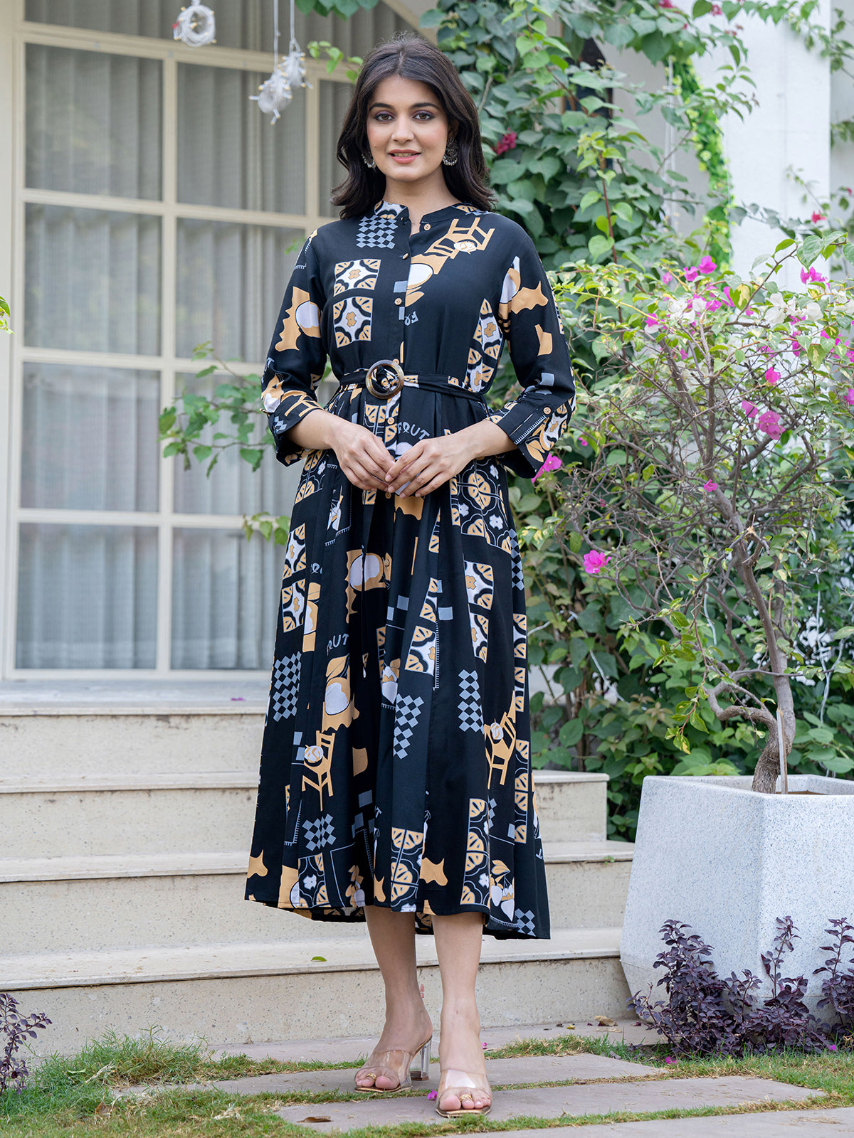 Black stylish printed cotton midi kurti
