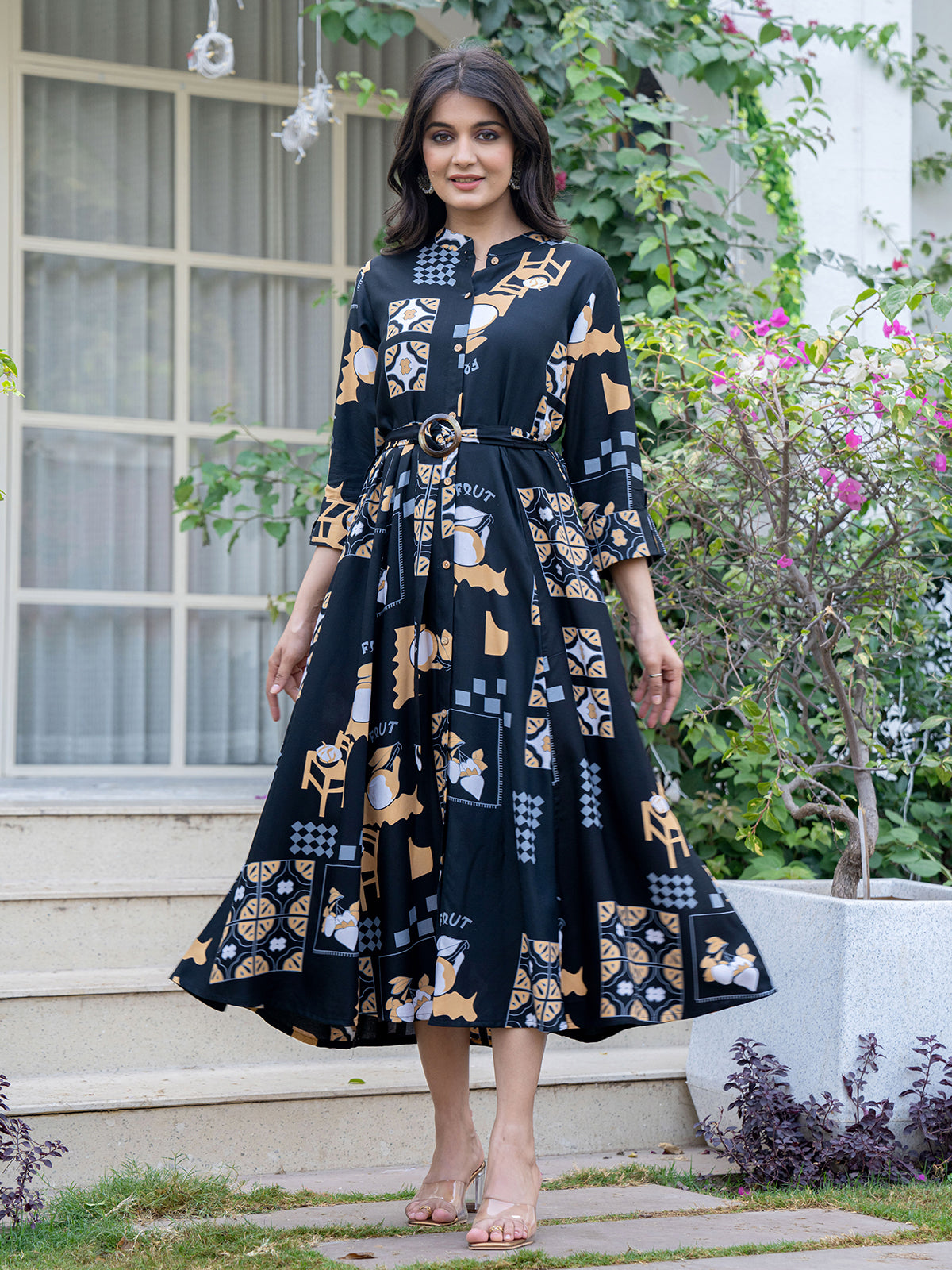 Black stylish printed cotton midi kurti