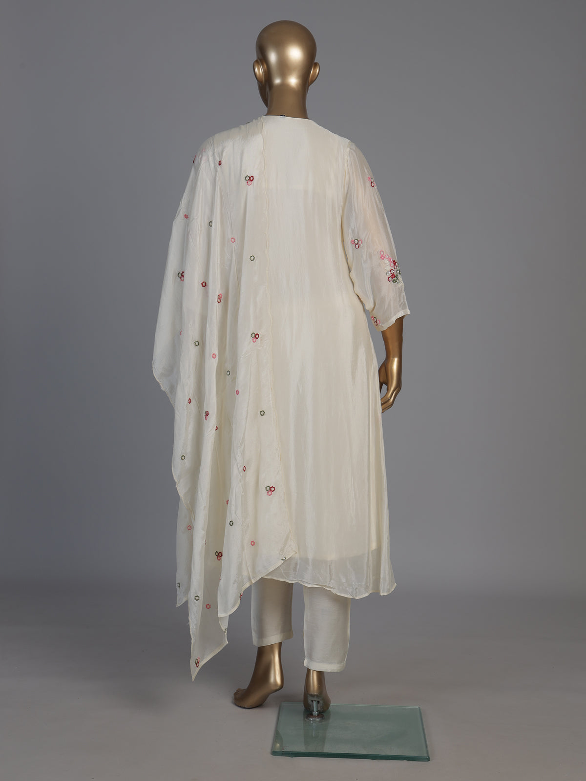 Cream silk pearl embellished festive kurti set with dupatta