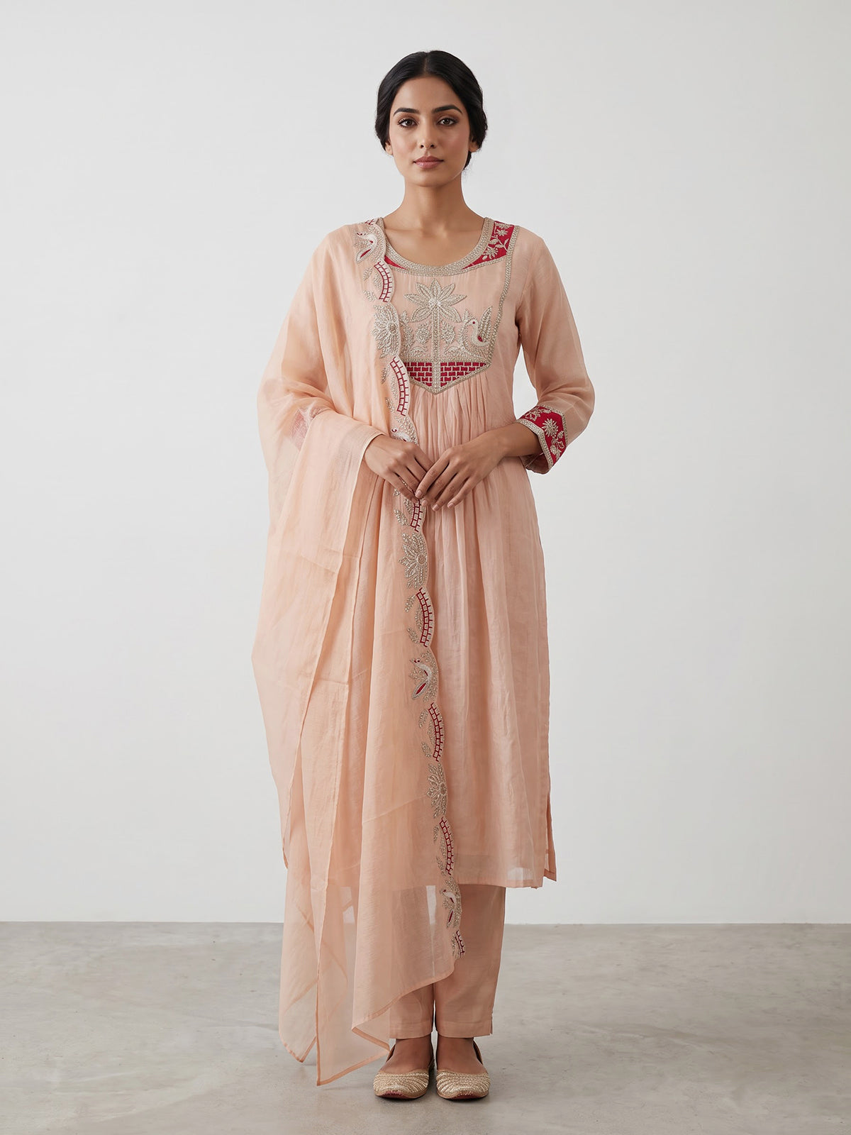 Peach tissue cotton yoke style festive kurti set with dupatta