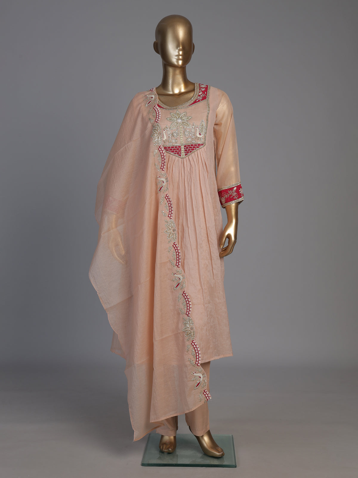 Peach tissue cotton yoke style festive kurti set with dupatta