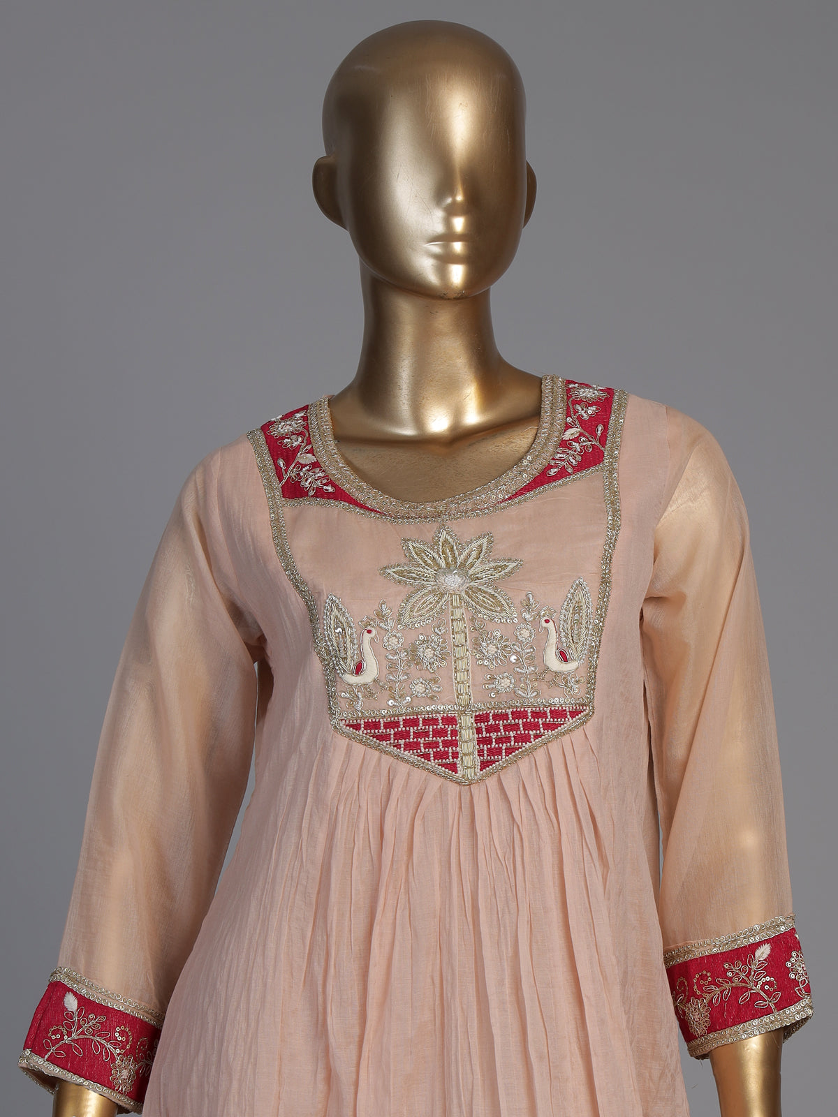 Peach tissue cotton yoke style festive kurti set with dupatta
