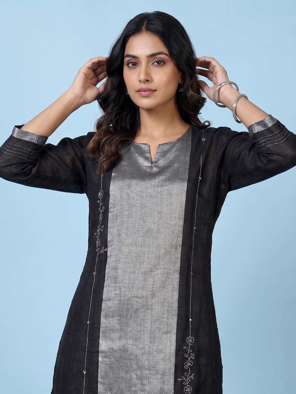 Black cotton silk sweetheart neck festive kurti palazzo set