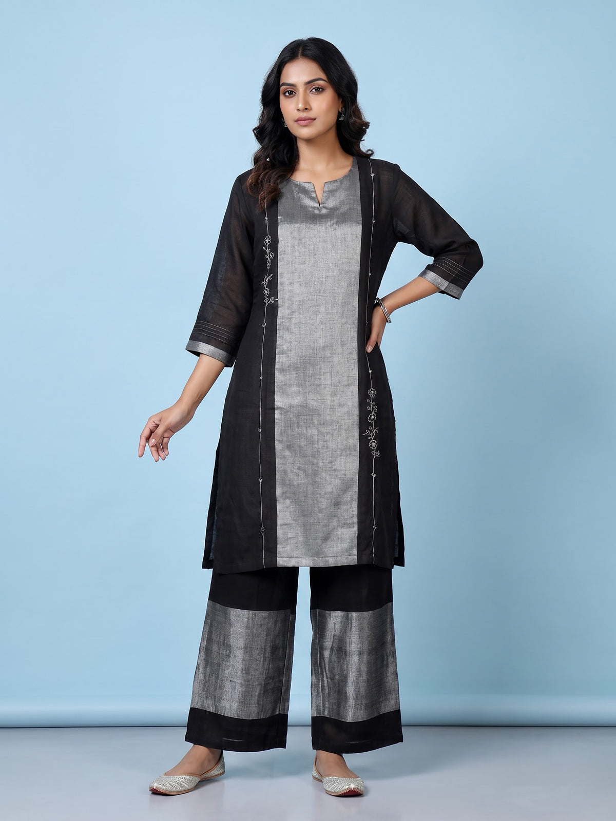 Black cotton silk sweetheart neck festive kurti palazzo set