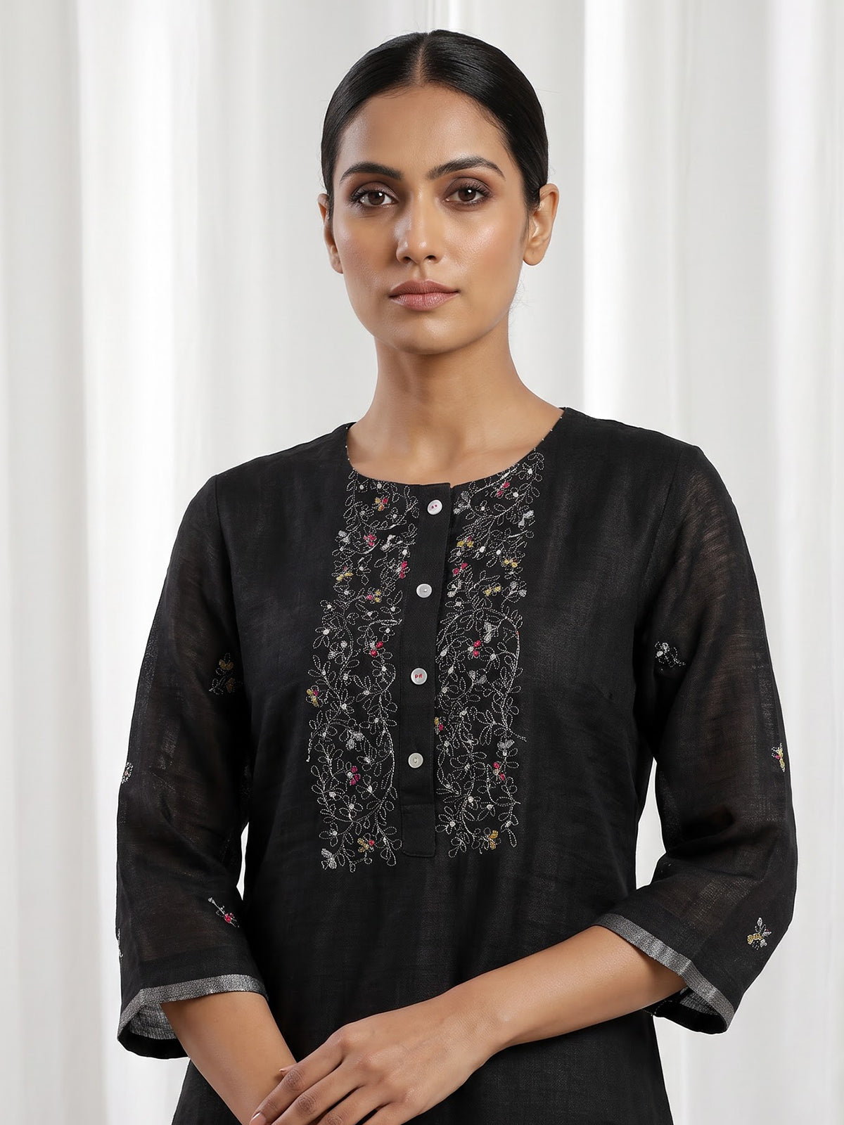 Black cotton silk embroidered festive straight kurti palazzo set