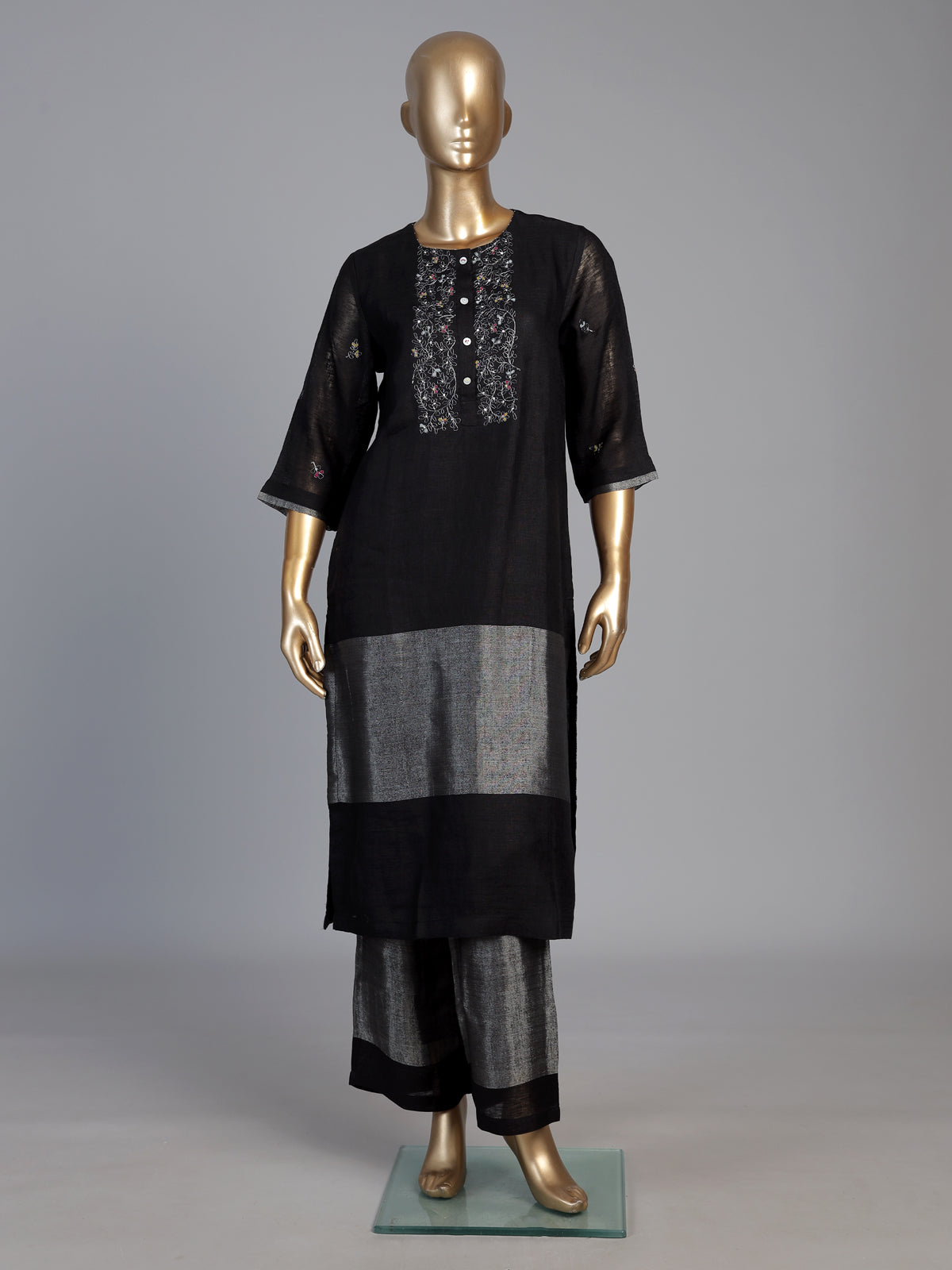 Black cotton silk embroidered festive straight kurti palazzo set