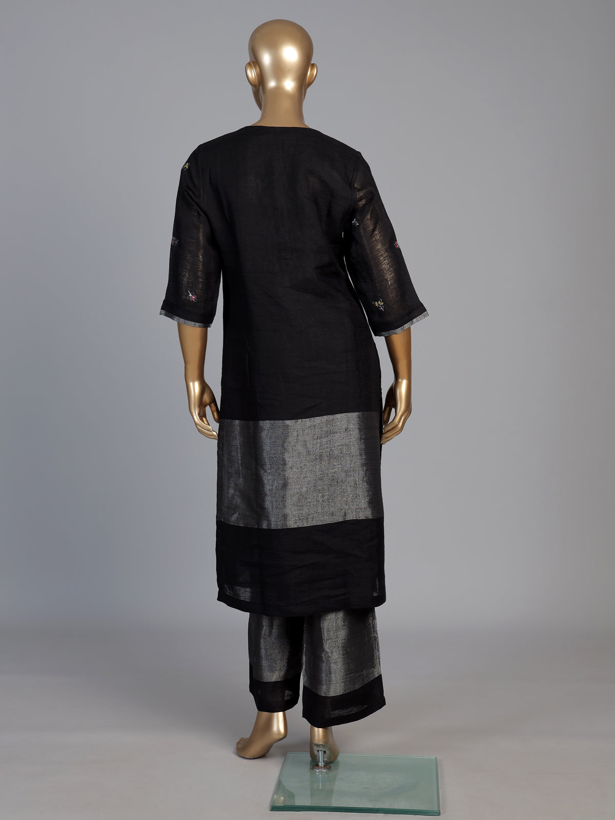 Black cotton silk embroidered festive straight kurti palazzo set