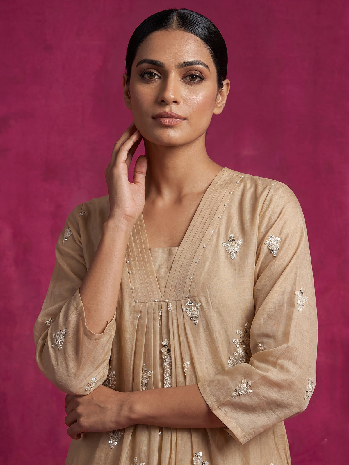 Beige tissue silk embellished festive kurti set with elegant dupatta