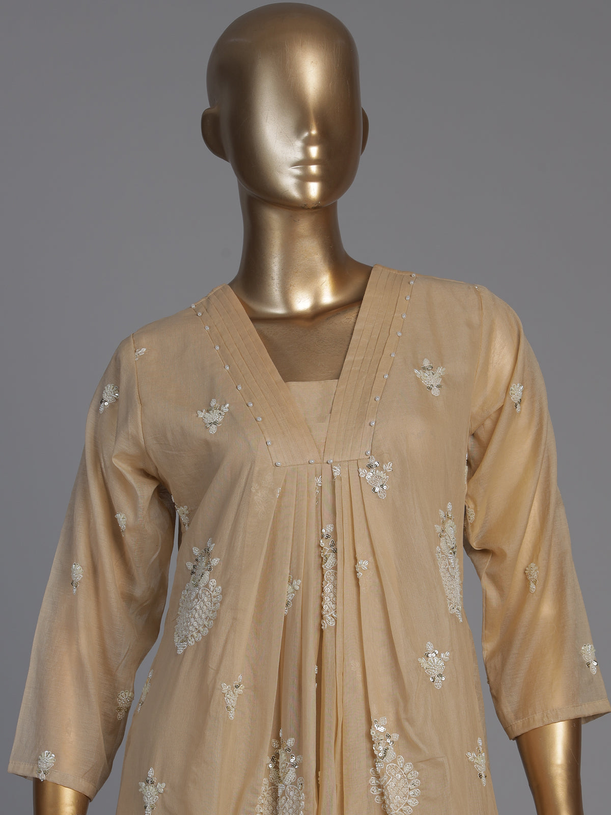 Beige tissue silk embellished festive kurti set with elegant dupatta